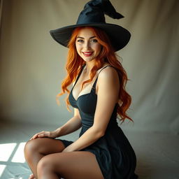 A sexy light-skinned witch with dazzling red hair, positioned directly in front of the viewer, exuding confidence with a sexy and seductive pose accompanied by an irresistible alluring smile