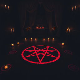 An eerie and atmospheric dark room, dimly lit with flickering candles casting shadows across the walls