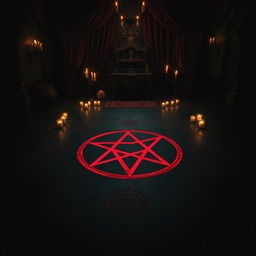 An eerie and atmospheric dark room, dimly lit with flickering candles casting shadows across the walls