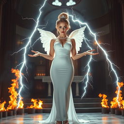 A full-length photograph of a sad yet captivating 18-year-old woman with stunning blond hair styled in an elegant updo, mixing elements of sexy, sweet, and innocent