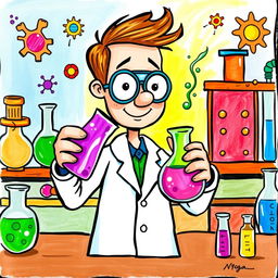 A whimsical illustration of a chemistry man, dressed in a classic lab coat and goggles, mixing two vibrant liquids in beakers