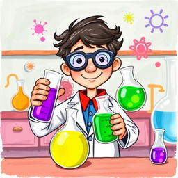 A whimsical illustration of a chemistry man, dressed in a classic lab coat and goggles, mixing two vibrant liquids in beakers