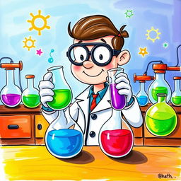A whimsical illustration of a chemistry man, dressed in a classic lab coat and goggles, mixing two vibrant liquids in beakers