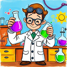 A whimsical illustration of a chemistry man, dressed in a classic lab coat and goggles, mixing two vibrant liquids in beakers