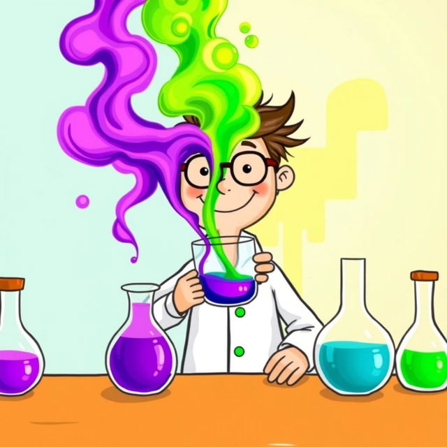 A whimsical depiction of a chemistry man in a lab coat mixing a vibrant purple liquid and a bright green liquid in a beaker