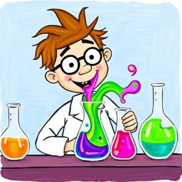 A whimsical depiction of a chemistry man in a lab coat mixing a vibrant purple liquid and a bright green liquid in a beaker