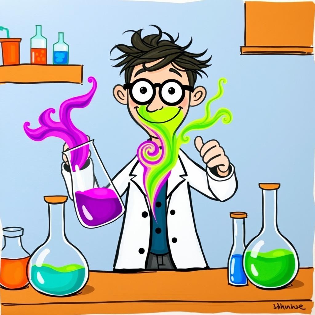 A whimsical depiction of a chemistry man in a lab coat mixing a vibrant purple liquid and a bright green liquid in a beaker