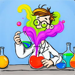 A whimsical depiction of a chemistry man in a lab coat mixing a vibrant purple liquid and a bright green liquid in a beaker