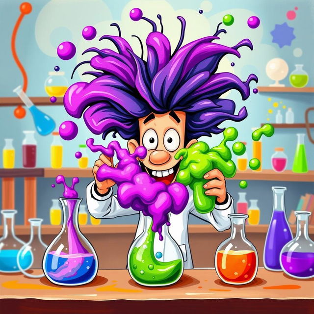 A whimsical scene of a cartoonish chemistry man with wild, crazy hair, enthusiastically mixing a vibrant purple liquid and a bright green liquid in a laboratory setting