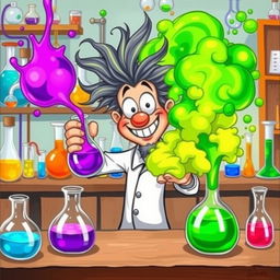 A whimsical scene of a cartoonish chemistry man with wild, crazy hair, enthusiastically mixing a vibrant purple liquid and a bright green liquid in a laboratory setting