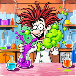 A whimsical scene of a cartoonish chemistry man with wild, crazy hair, enthusiastically mixing a vibrant purple liquid and a bright green liquid in a laboratory setting