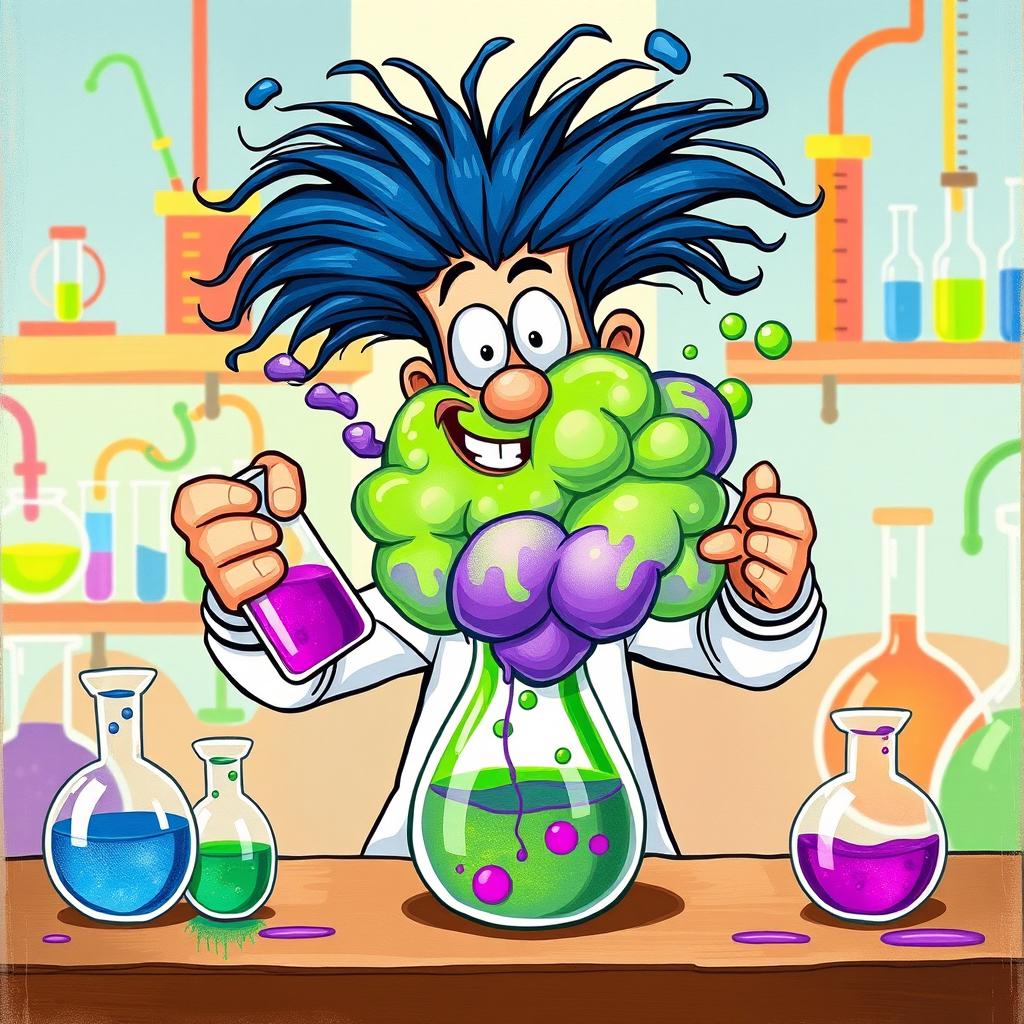 A whimsical scene of a cartoonish chemistry man with wild, crazy hair, enthusiastically mixing a vibrant purple liquid and a bright green liquid in a laboratory setting