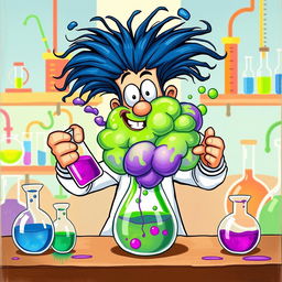 A whimsical scene of a cartoonish chemistry man with wild, crazy hair, enthusiastically mixing a vibrant purple liquid and a bright green liquid in a laboratory setting