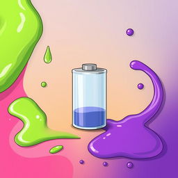 A vivid illustration featuring a green substance on the left side and a purple substance on the right side, with an empty battery positioned at the center