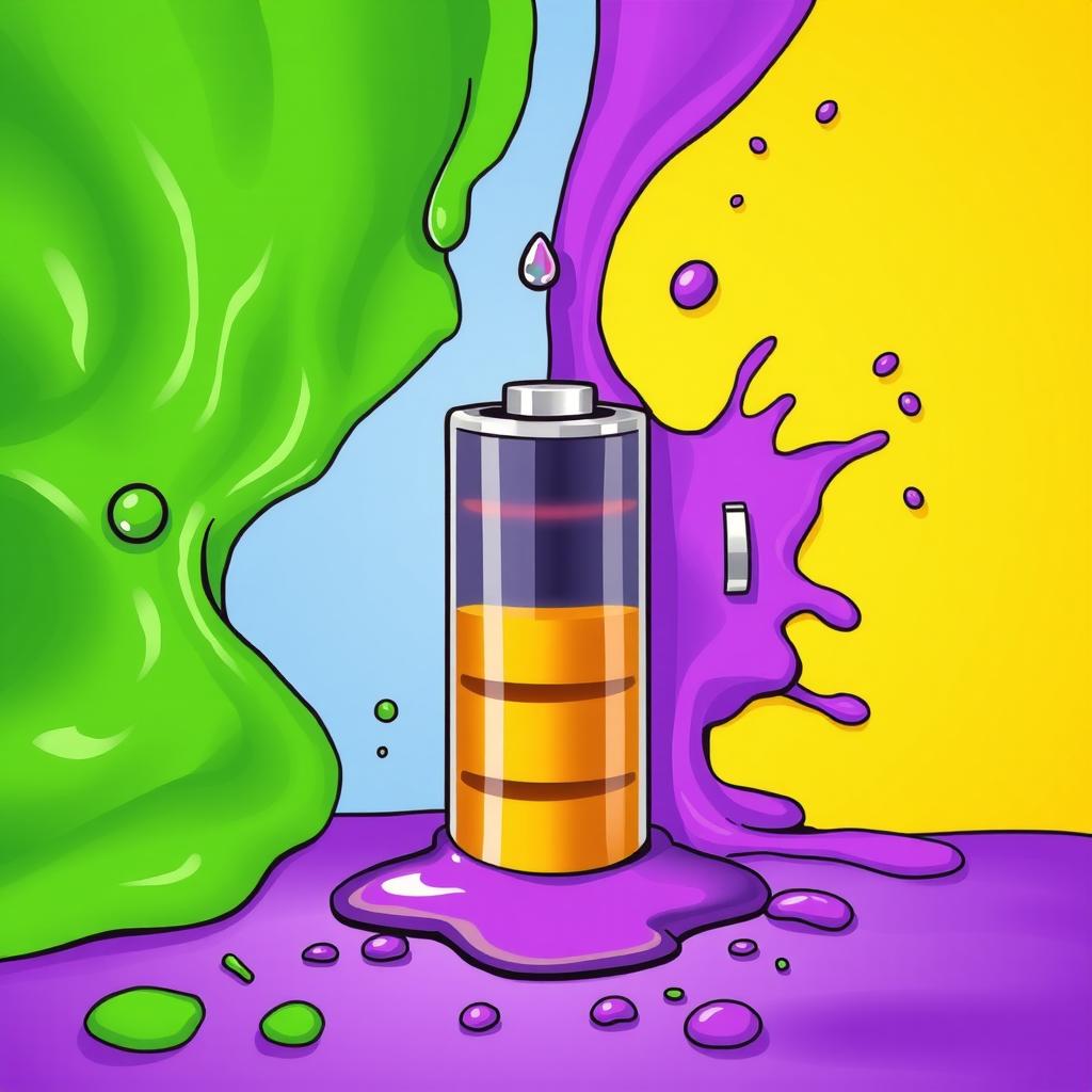 A vivid illustration featuring a green substance on the left side and a purple substance on the right side, with an empty battery positioned at the center