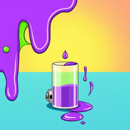 A vivid illustration featuring a green substance on the left side and a purple substance on the right side, with an empty battery positioned at the center