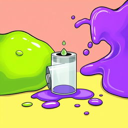 A vivid illustration featuring a green substance on the left side and a purple substance on the right side, with an empty battery positioned at the center