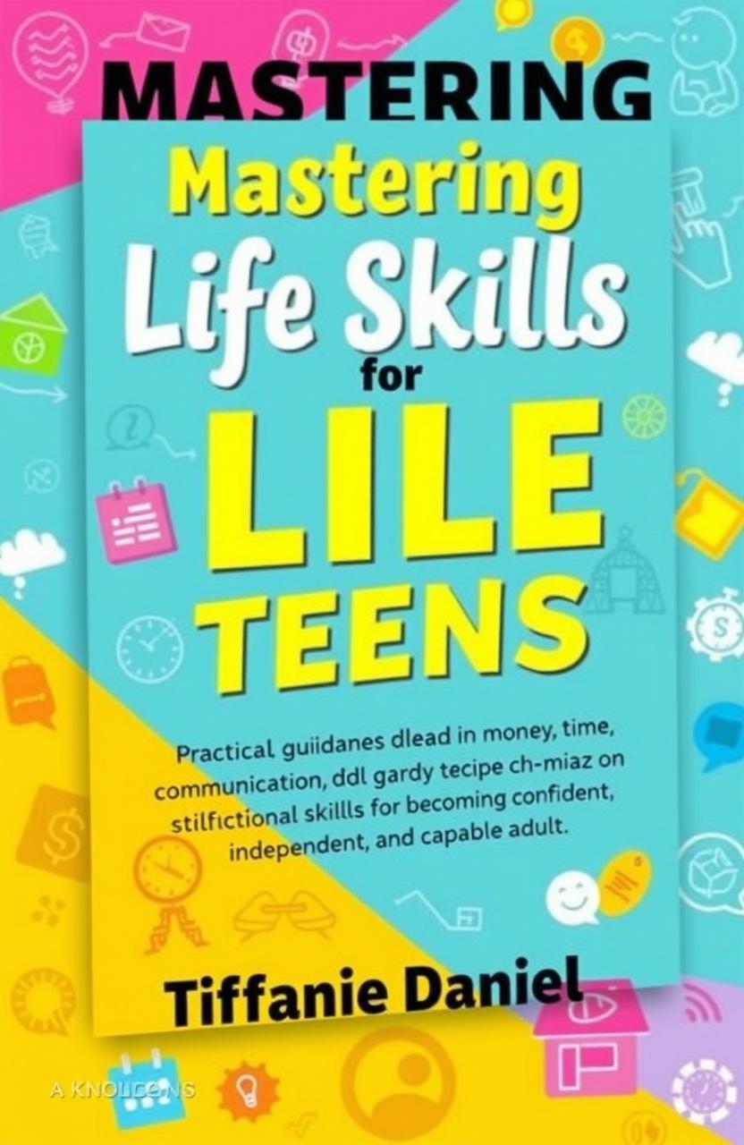 A vibrant and engaging book cover design for 'Mastering Life Skills for Teens', featuring a modern and dynamic layout