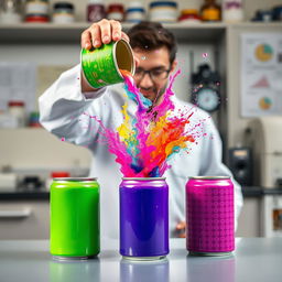 A scientist in a laboratory environment, with three colorful cans on a table