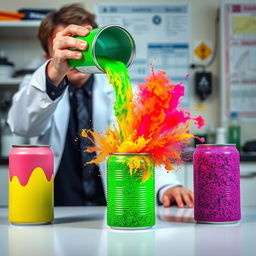 A scientist in a laboratory environment, with three colorful cans on a table