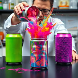 A scientist in a laboratory environment, with three colorful cans on a table