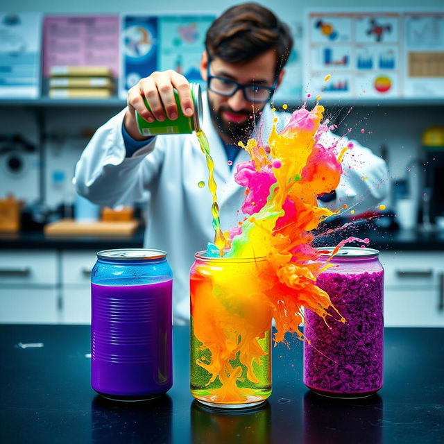 A scientist in a laboratory environment, with three colorful cans on a table