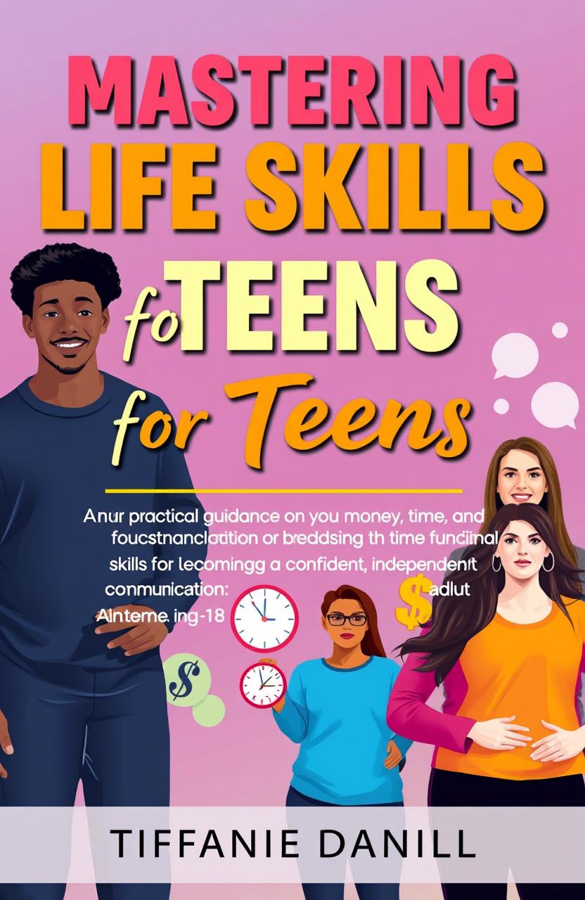 A vibrant and engaging book cover design for 'Mastering Life Skills for Teens', featuring the title prominently at the top in bold, youthful fonts