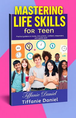 A vibrant and engaging book cover design for 'Mastering Life Skills for Teens', featuring the title prominently at the top in bold, youthful fonts