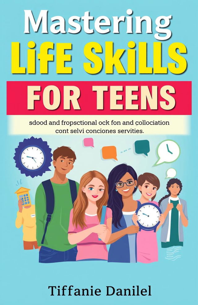 A vibrant and engaging book cover design for 'Mastering Life Skills for Teens', featuring the title prominently at the top in bold, youthful fonts