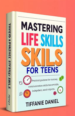 A vibrant and engaging book cover design for a self-help book titled 'Mastering Life Skills for Teens', with the subtitle 'Practical guidance on money, time, communication, and functional skills for becoming a confident, independent, and capable adult'
