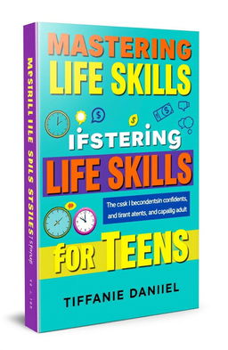 A vibrant and engaging book cover design for a self-help book titled 'Mastering Life Skills for Teens', with the subtitle 'Practical guidance on money, time, communication, and functional skills for becoming a confident, independent, and capable adult'