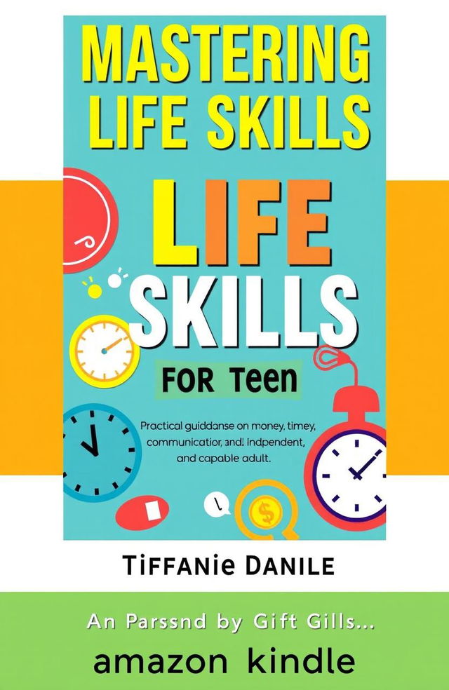 A vibrant and engaging book cover design for a self-help book titled 'Mastering Life Skills for Teens', with the subtitle 'Practical guidance on money, time, communication, and functional skills for becoming a confident, independent, and capable adult'