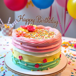 A beautifully decorated birthday cake with layers of pastel colors, topped with vibrant frosting