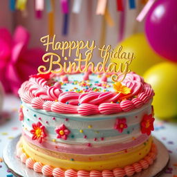 A beautifully decorated birthday cake with layers of pastel colors, topped with vibrant frosting