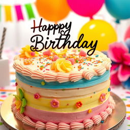 A beautifully decorated birthday cake with layers of pastel colors, topped with vibrant frosting