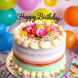 A beautifully decorated birthday cake with layers of pastel colors, topped with vibrant frosting