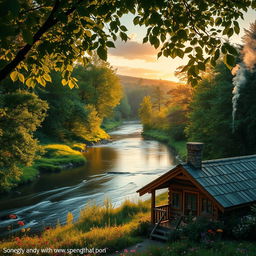 A serene landscape of a peaceful river flowing through a lush green forest during the golden hour, with warm sunlight filtering through the leaves