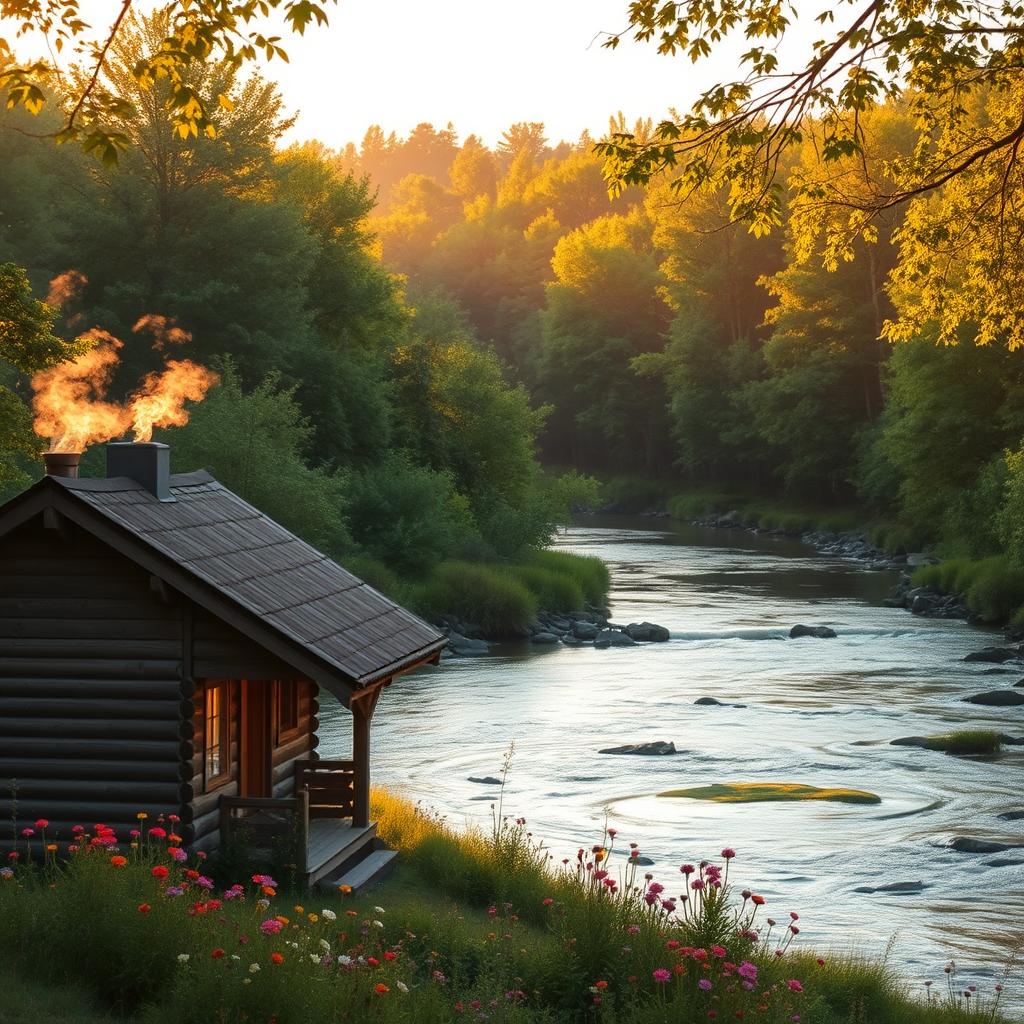 A serene landscape of a peaceful river flowing through a lush green forest during the golden hour, with warm sunlight filtering through the leaves