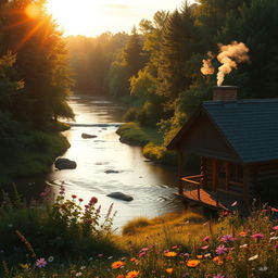 A serene landscape of a peaceful river flowing through a lush green forest during the golden hour, with warm sunlight filtering through the leaves