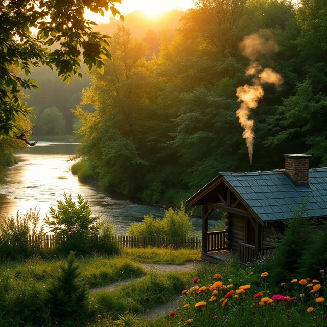 A serene landscape of a peaceful river flowing through a lush green forest during the golden hour, with warm sunlight filtering through the leaves