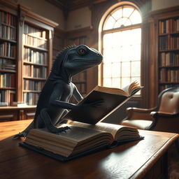 A black lizard sitting on a wooden desk in a cozy library filled with shelves of colorful books