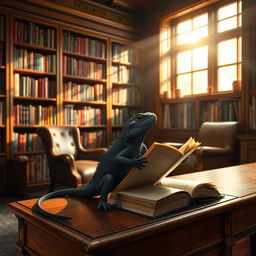 A black lizard sitting on a wooden desk in a cozy library filled with shelves of colorful books