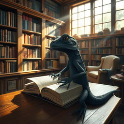 A black lizard sitting on a wooden desk in a cozy library filled with shelves of colorful books