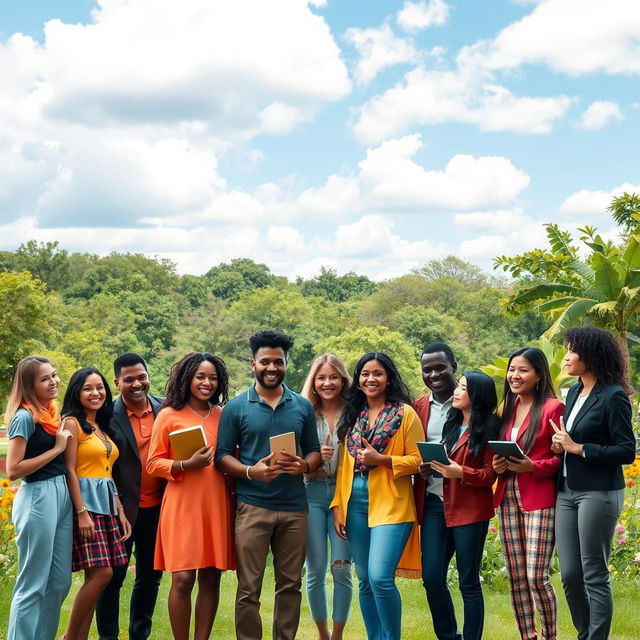 A diverse group of individuals standing together in a vibrant park, symbolizing unity and progress