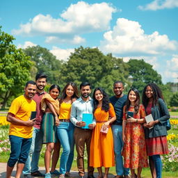 A diverse group of individuals standing together in a vibrant park, symbolizing unity and progress