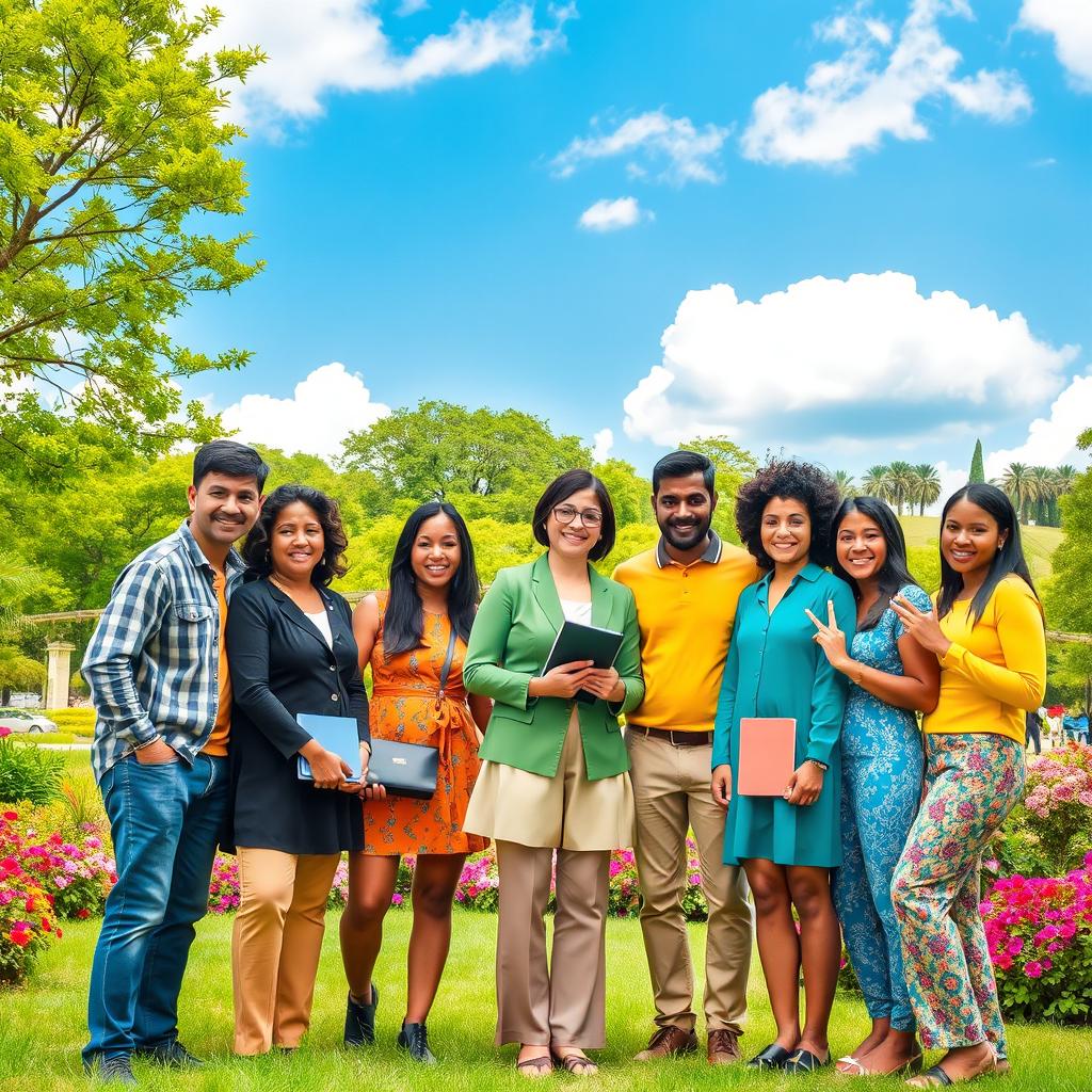 A diverse group of individuals standing together in a vibrant park, symbolizing unity and progress
