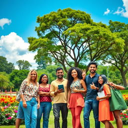 A diverse group of individuals standing together in a vibrant park, symbolizing unity and progress