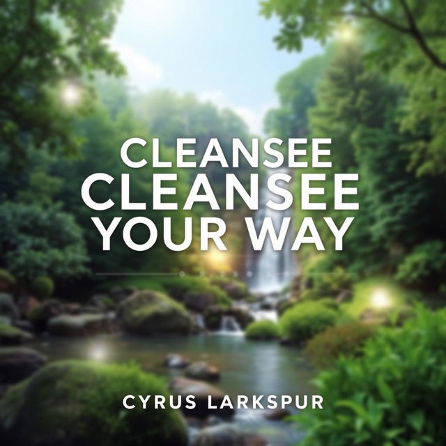 A flat book cover design titled "Cleanse Your Way" by Cyrus Larkspur, featuring a realistic serene nature scene with lush greenery and a tranquil waterfall in the background