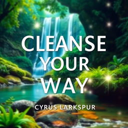 A flat book cover design titled "Cleanse Your Way" by Cyrus Larkspur, featuring a realistic serene nature scene with lush greenery and a tranquil waterfall in the background