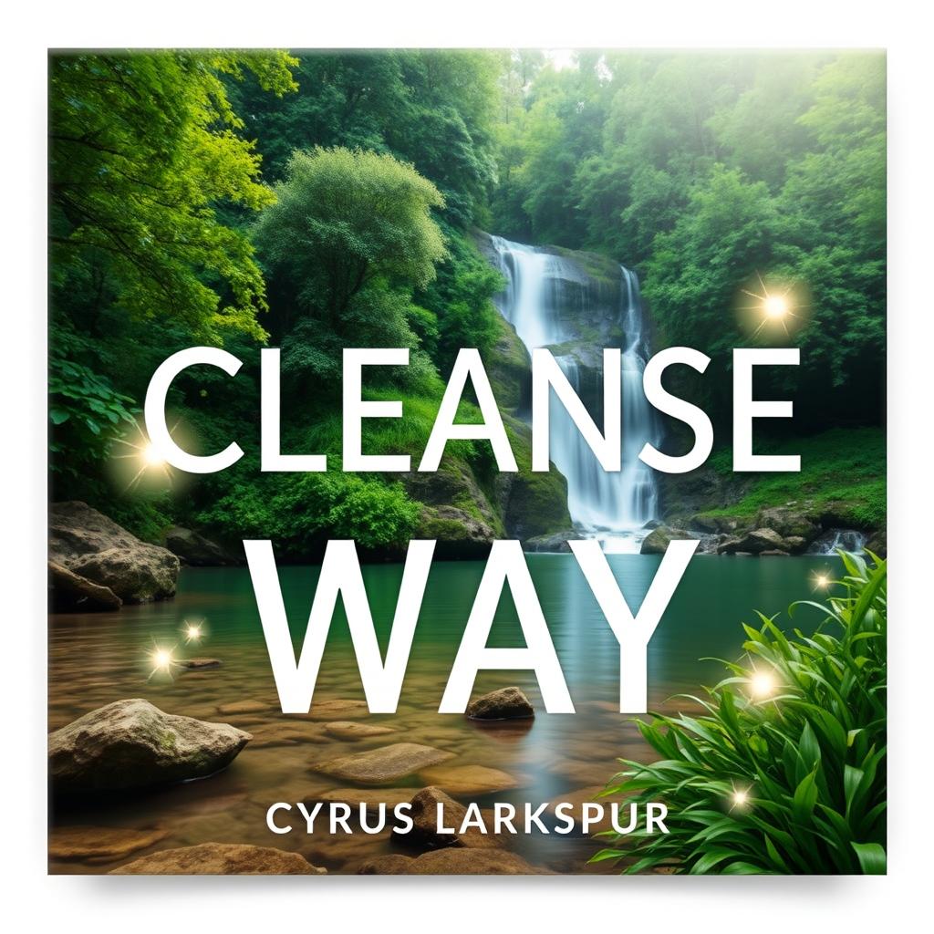 A flat book cover design titled "Cleanse Your Way" by Cyrus Larkspur, featuring a realistic serene nature scene with lush greenery and a tranquil waterfall in the background